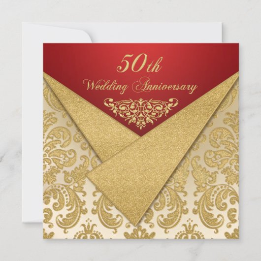 FAUX Flaps Gold Damask Invitation 50e anniversaire (Devant)