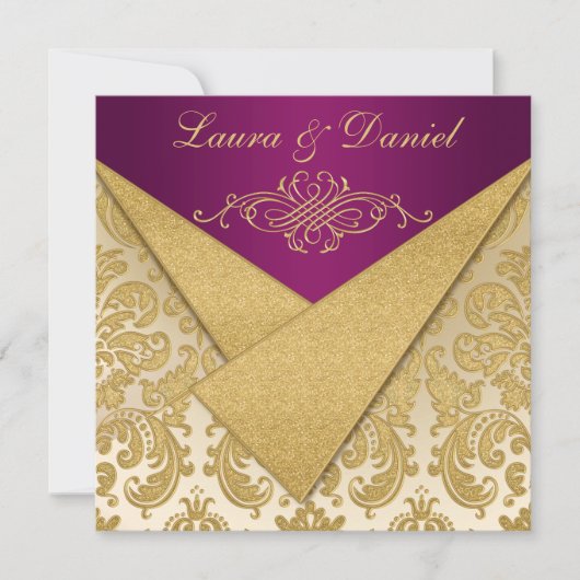 FAUX FLAPS Paars, Gold Damask Reception nodigt uit Kaart (Voorkant)
