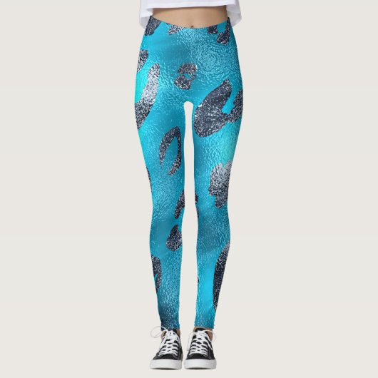 Faux-Folie: kleine look, zilver en blauwe luipaard Leggings (Voorkant)