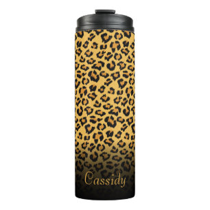 Faux Fur Wild Leopard Print met Gold Name Thermosbeker