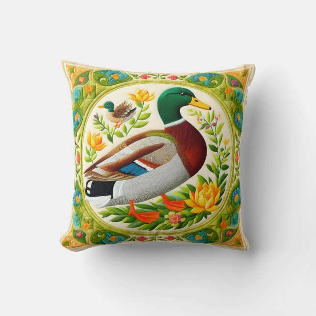 Faux geborduurd en gewatteerde look Mallard Duck Kussen (Voorkant)