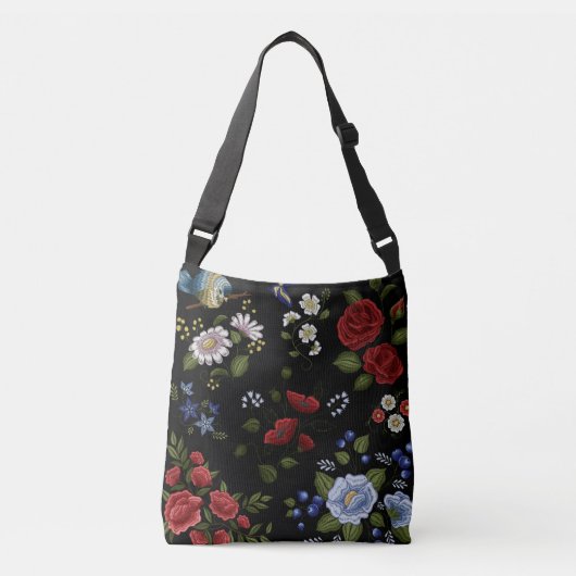 Faux geborduurde rood & blauw bloemen Canvas tas (Voorkant)