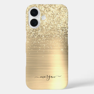 Faux geborsteld goud metaal, glitter, scriptnaam iPhone 16 hoesje