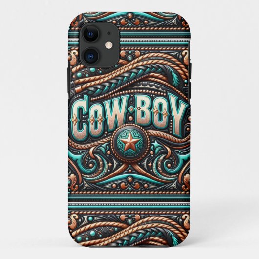 Faux Gereedgemaakte lederen Turquoise bruine cowbo Case-Mate iPhone Case (Achterkant)