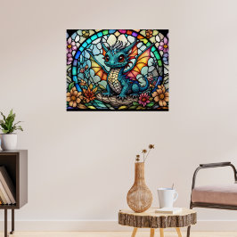 Faux Glas in lood Dragon met Flowers Poster