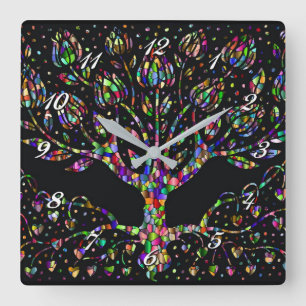 Faux Glas in lood Tree of Prosperity Square Clock Vierkante Klok