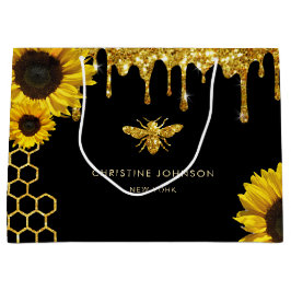 Faux glitter bij en zonnebloemen groot cadeauzakje