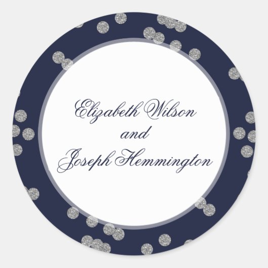 FAUX Glitter confetti navy and Silver bruiloft Ronde Sticker (Voorkant)