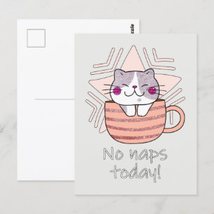 Faux Glitter, Cute Cat in Coffee Mok Briefkaart