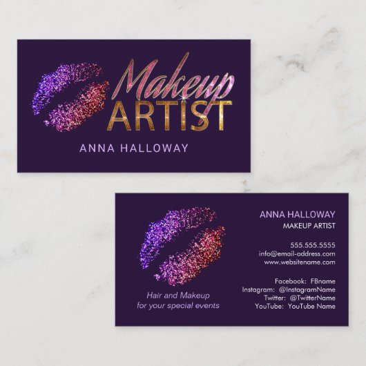 Faux Glitter Let Lips Bling Text Makeup Artist Visitekaartje (Voorkant / Achterkant)