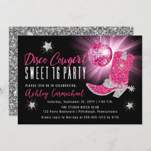 Faux Glitter Pink Disco Cowgirl Sweet 16 party Kaart