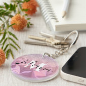 Faux Glitter Pink, geborsteld metaal, monogrammen Sleutelhanger (Voorkant Rechts)