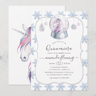 Faux Glitter Unicorn Winter Wonderland Quinceañera Kaart