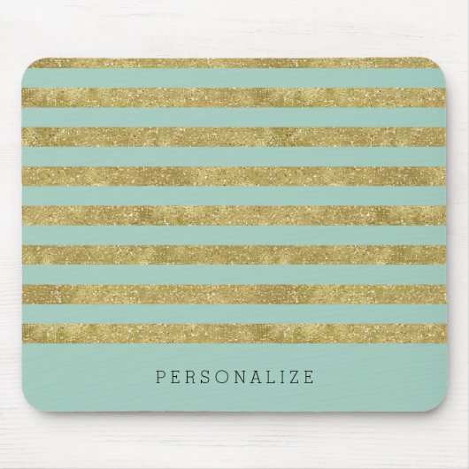 Faux Glittery Gold Mint Stripes Muismat (Voorkant)