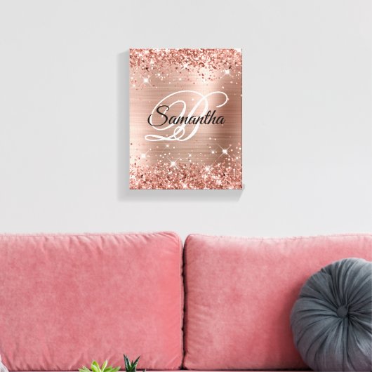 Faux Glittery Roos Gold Foil Fancy Monogram Canvas Afdruk (Insitu (Woonkamer))