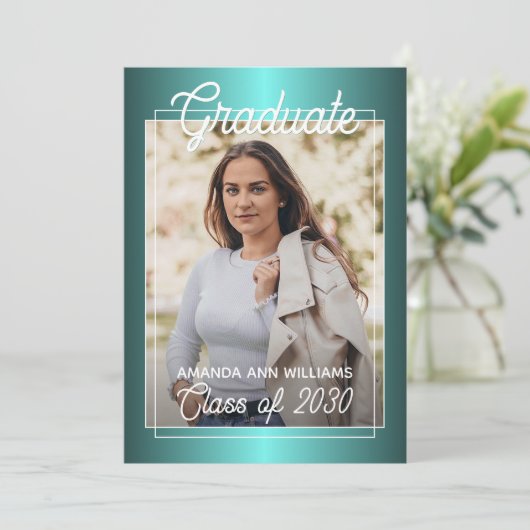 Faux Glossy Blauwgroen Blue Green Afstuderen Aankondiging (Staand voorkant)