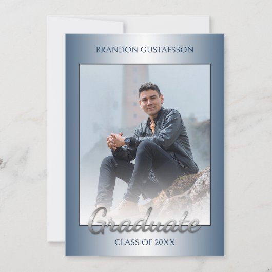 Faux Glossy Blue Silver Grey Afstuderen Aankondiging (Voorkant)