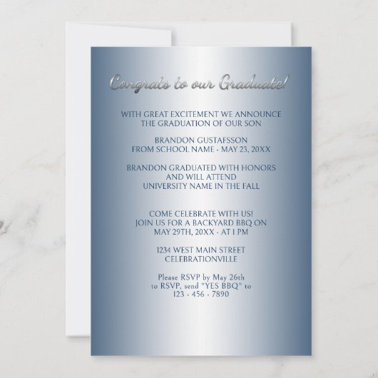 Faux Glossy Blue Silver Grey Afstuderen Aankondiging (Achterkant)