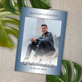 Faux Glossy Blue Silver Grey Afstuderen Aankondiging