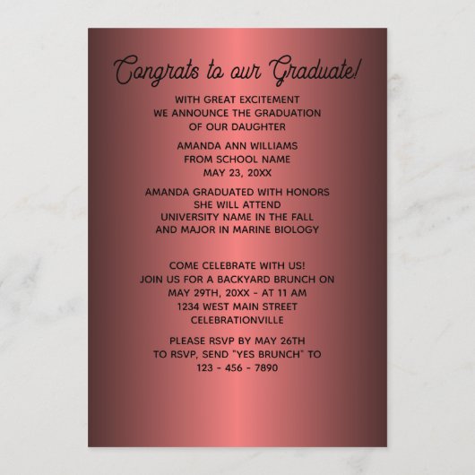 Faux Glossy Dark Wine Red Afstuderen Aankondiging (Achterkant)