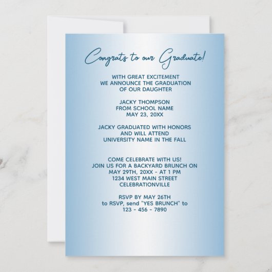 Faux Glossy Light Blue Afstuderen Aankondiging (Achterkant)