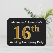 Faux Gold 16th Wedding Jubileum Party Kaart (Staand voorkant)