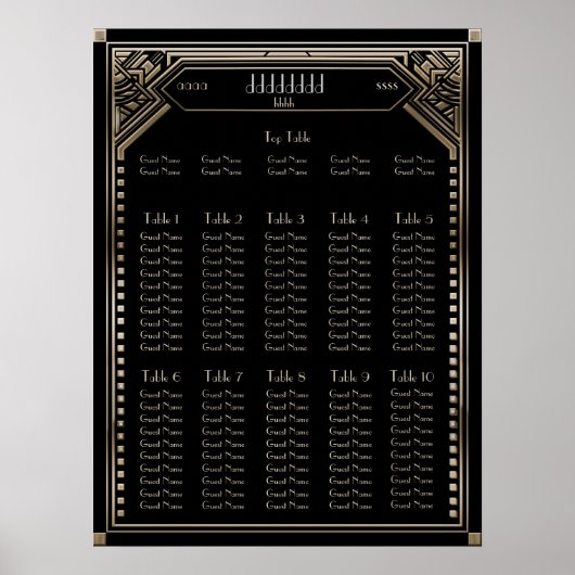 Faux Gold Art Déco Gatsby Mariage Seing Chart (Devant)