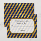 Faux Gold Art Deco Navy Blue Striped RSVP Response (Voorkant / Achterkant)