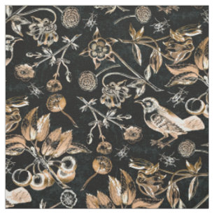 Faux Gold Birds Beetles Flowers Cherry Fruits Stof