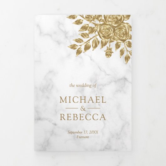Faux Gold bladeren bloemenwit marmer bruiloft Drieluik Uitnodiging (Cover)