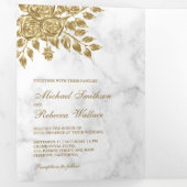 Faux Gold bladeren bloemenwit marmer bruiloft Drieluik Uitnodiging (Binnenzijde eerst)