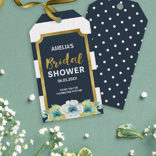 Faux Gold, Blauw & Wit Bloemen Vrijgezellenfeest Cadeaulabel