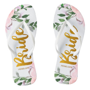 Faux Gold Bride Script Chic Bloemen met Naam Teenslippers