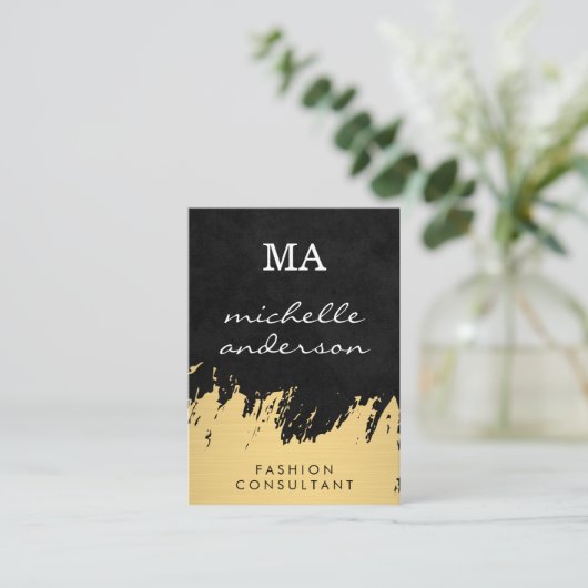 Faux Gold Brushed Black met monogram Visitekaartje (Staand voorkant)