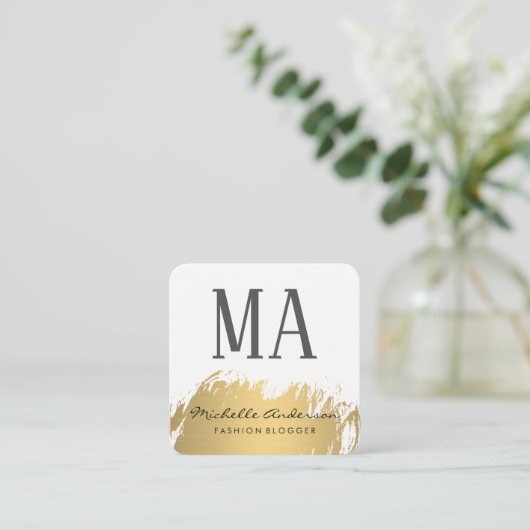 Faux Gold Brushed Monogram | Variatie Vierkante Visitekaartje (Staand voorkant)