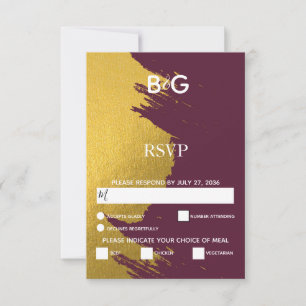 Faux Gold Brushstrokes & Bourgogne met monogram RSVP Kaartje