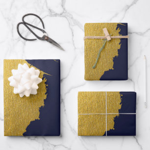 Faux Gold Brushstrokes met Navy Blue Background Inpakpapier Vel