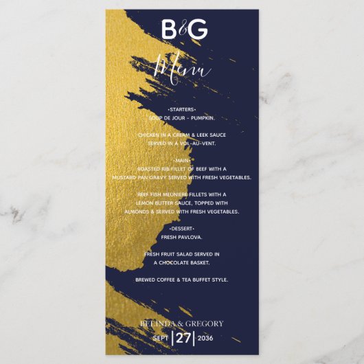 Faux Gold Brushstrokes Navy Blue Monogram Weddensc Menu (Voorkant)