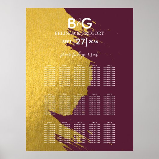 Faux Gold Burgundy, Monogram Wedding Seating Chart Poster (Voorkant)