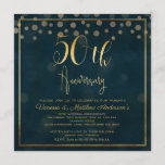 Faux Gold Calligraphy Invitation du 50e anniversai<br><div class="desc">Cette invitation du 50e anniversaire de mariage est simple mais élégante. Il présente une fausse calligraphie dorée en tête de l'invitation et quelques confettis. J'ai aussi ajouté une fausse bordure double or mince. L'arrière - plan est une image texturée bleu très foncé. Cet élégant faux or calligraphie 50e anniversaire mariage...</div>