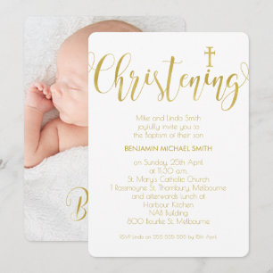 Faux Gold Calligraphy Photo Christening Invitation Kaart
