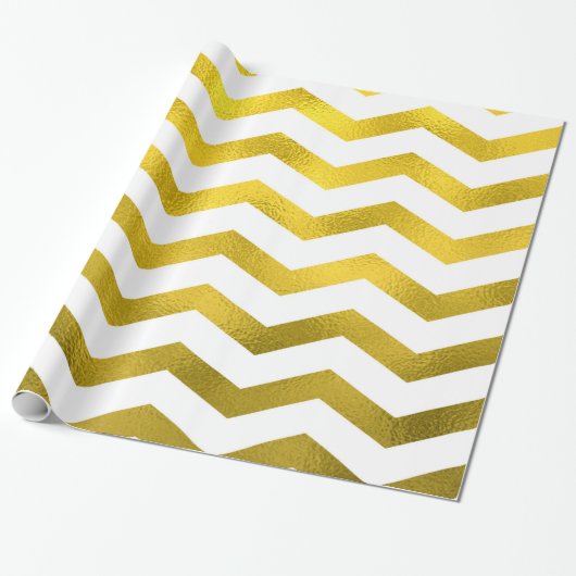 Faux Gold Chevron Pattern White Metallic Cadeaupapier (Uitgerold)
