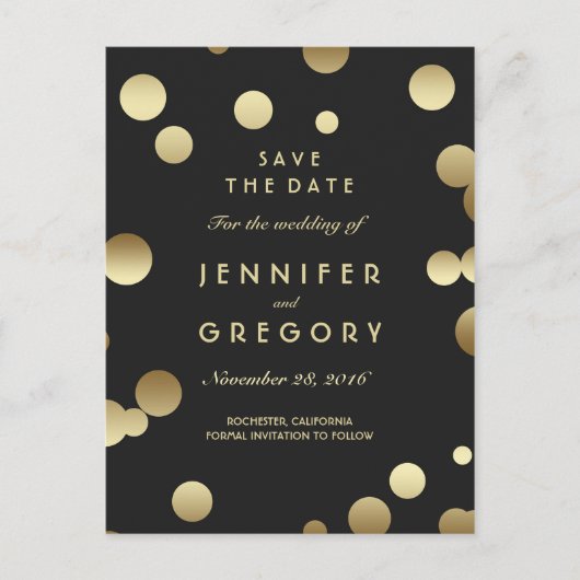 Faux Gold Confetti Black Save the Date Briefkaarte Aankondigingskaart (Voorkant)