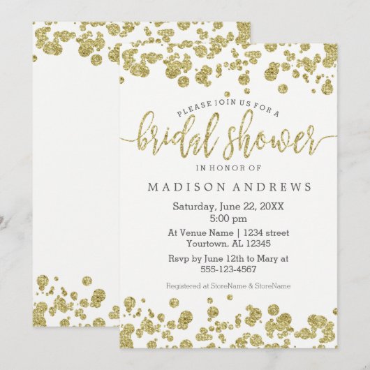 Faux Gold Confetti Bling bruids doucheuitnodiging Kaart (Voorkant / Achterkant)