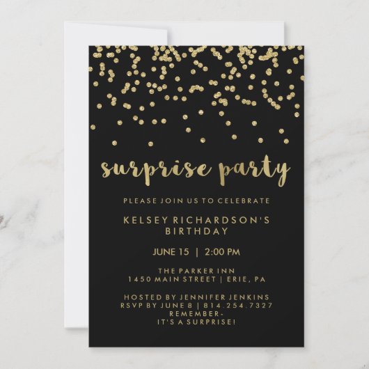 Faux Gold Confetti op Black Surprise Party Kaart (Voorkant)