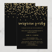 Faux Gold Confetti op Black Surprise Party Kaart (Voorkant / Achterkant)