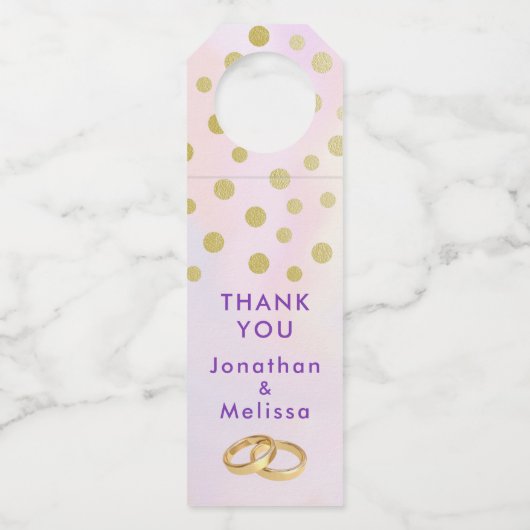 Faux Gold Confetti op Paarse Waterverf bruiloft Flessenhanger (Voorkant)