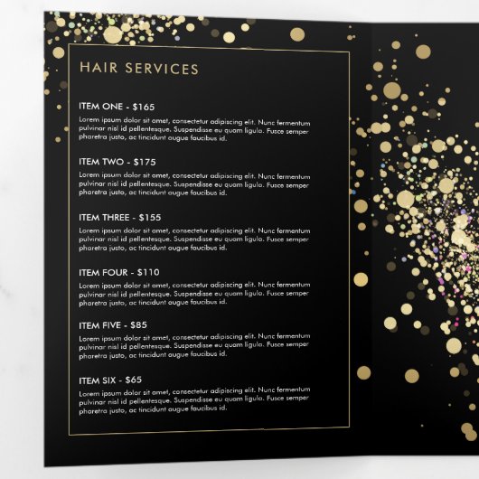 Faux Gold Confetti op zwarte brochure Drieluik Kaart (Binnenzijde eerst)
