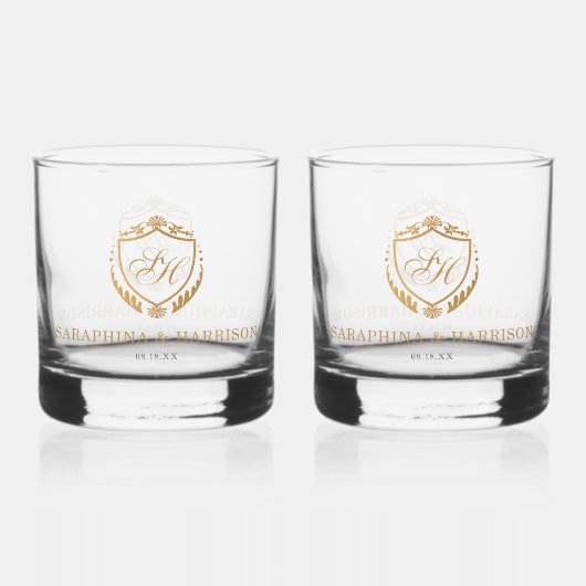 Faux Gold Crest Custom Monogram Huwelijk Whisky Glas (Voorkant)