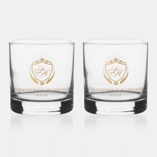 Faux Gold Crest Custom Monogram Huwelijk Whisky Glas (Achterkant)